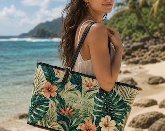 Bolso de playa con estampado de hibiscos tropicales, bolso de viaje floral con hojas de palmera y estilo resort.
