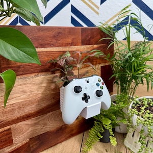 Puede incluir: Una maceta blanca con forma de mando de Xbox con una pequeña planta en su interior. El mando está montado sobre una superficie de madera, rodeado de otras plantas en macetas. El mando tiene botones negros y una cruceta direccional.