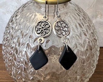 Black Teardrop Earrings, Silver Floral Filigree Dangles, Boho Chic Jewelry