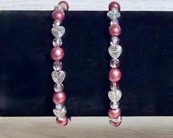 Red Czech Beads, Heart Charm Bracelet, Silver Jewelry
