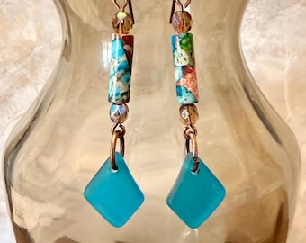 Peacock Blue Sea Glass Copper Drop Earrings, Ocean-Inspired Dangles, Coastal Jewelry