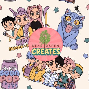 May include: A repeating pattern featuring cartoon illustrations of people, a blue cat, and a soda can. The text "KPC DEMON+H" and "My little SODA POP" are visible. The image also includes the text "DEAR ASPEN CREATES".