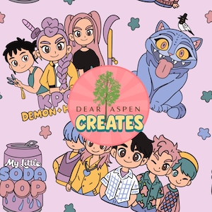 May include: A repeating pattern featuring cartoon illustrations of people, a cat, and a soda can on a light pink background. The text "DEAR ASPEN CREATES" is in a circular logo. Other text includes "KPC DEMON+" and "My little SODA POP".