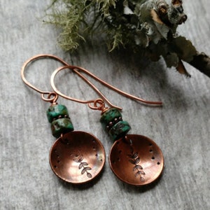 Turquoise jewelry copper jewelry 7th anniversary gift stamped metal jewelry copper earrings beaded jewelry turquoise earrings