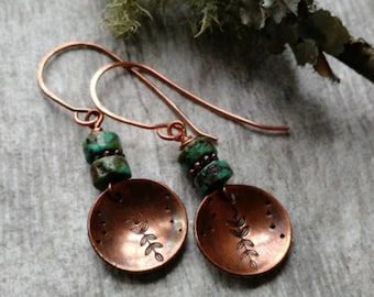 Turquoise jewelry copper jewelry 7th anniversary gift stamped metal jewelry copper earrings beaded jewelry turquoise earrings