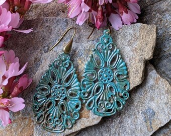 Tear drop filigree earrings hand patina delicate lightweight jewelry teardrop statement earrings spring fashion made in nc