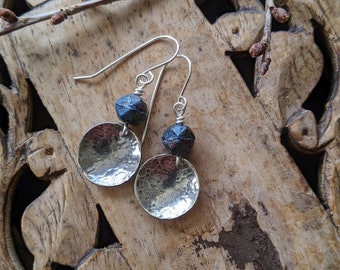 Hammered Silver Disc Earrings midnight blue czech glass and sterling silver beaded earrings