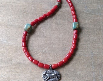 Turquoise and red glass beaded necklace horse necklace equine jewelry unique beaded jewelry gift for horse lover message of courage