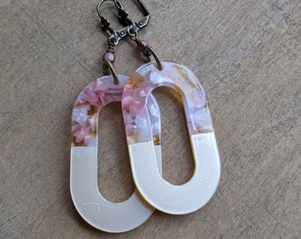 Resin hoop earrings modern floral pink and cream flower oval statement earrings