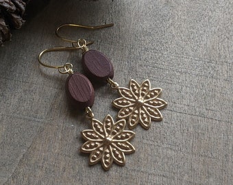 Flower earrings wood and gold toned brass earrings delicate lightweight earrings floral jewelry beaded jewelry feminine jewelry