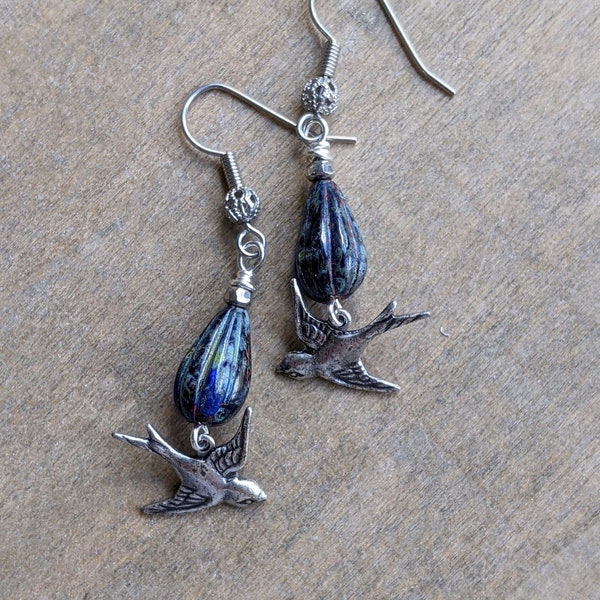 Bird earrings midnight blue and silver beaded earrings flying birds beaded jewelry swallow unique gift for her bird jewelry