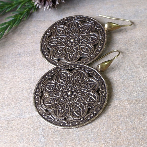 Old World Mandala Style Brass Earrings statement earrings unique jewelry