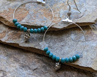 Hoop Earrings with Pine Cone and Blue Glass