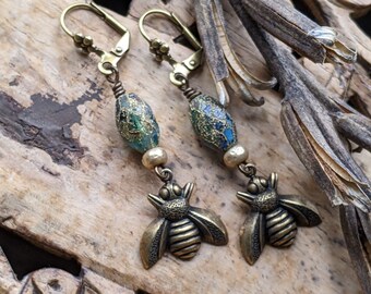 Bee Earrings Blue Glass and Brass summer garden beaded earrings beaded jewelry gift for nature lover gardener