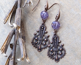 Copper earrings purple beaded earrings copper dangle earrings beaded jewelry bohemian jewelry boho style unique gift bohemian earrings