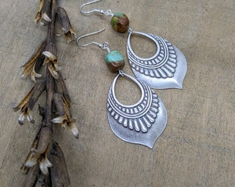 Turquoise earrings silver shield earrings statement earrings large dangle earrings beaded jewelry lightweight earrings turquoise jewelry