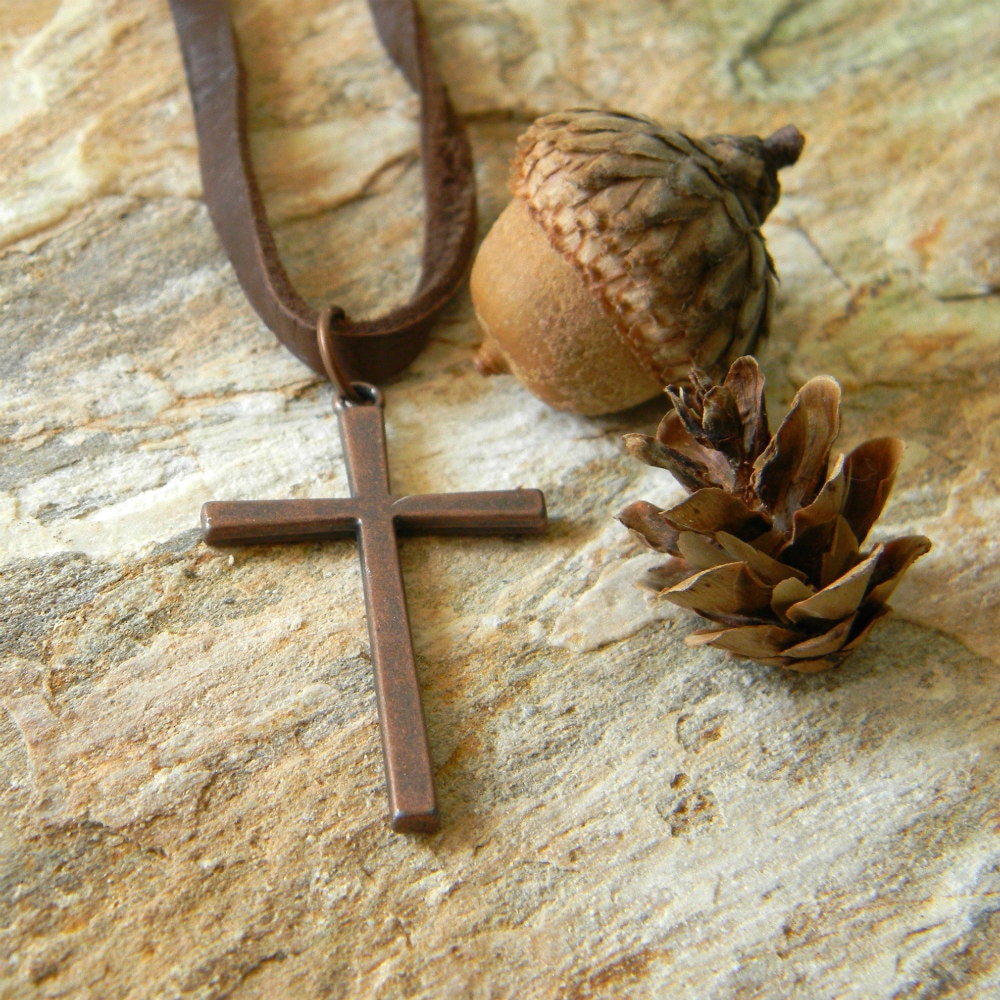 Adjustable Leather Wood Cross Necklace, Brown