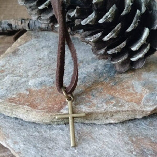 Cross necklace leather cord necklace mens rustic masculine jewelry guys necklace gift for him christian jewelry corded necklace for man
