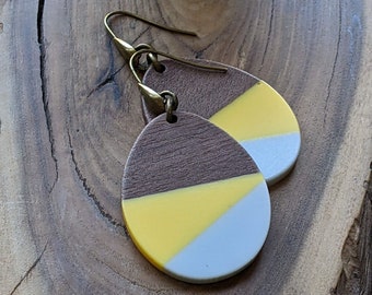 Color Block Earrings Resin and Walnut Wood geometric jewelry modern style dangle earrings colorblock yellow and gray