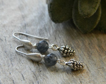 Pine cone earrings dangle earringshandmade beaded jewelry beaded earrings woodland pinecone earrings winter fashion grey earrings minimal