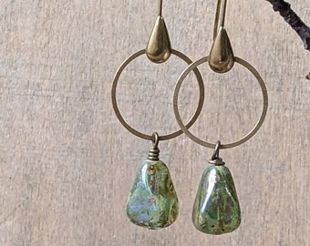 Geometric dangle earrings earthy green tear drop glass and brass unique gift for her.