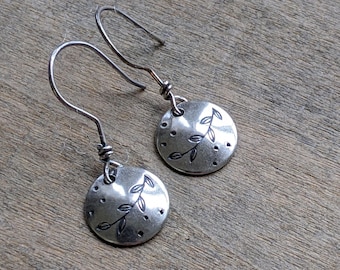 Sterling silver earrings small hand stamped dangle earrings delicate flora and fauna style jewelry metalsmith unique gift for her