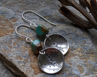 Turquoise earrings hand stamped sterling silver beaded earrings