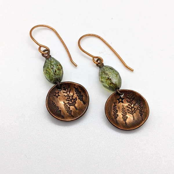 Copper earrings 7th anniversary gift for nature lover woodland scene starry sky green glass beaded jewelry metalsmith jewelry stamped coppe