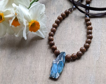 Leather cord and beaded necklace wood and glass necklace beaded jewelry adjustable length necklace earthy unique gift for nature lover