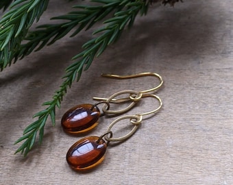 Amber glass dangle earrings minimalist jewelry small delicate dainty earrings glass drop beaded earrings minimal beaded jewelry