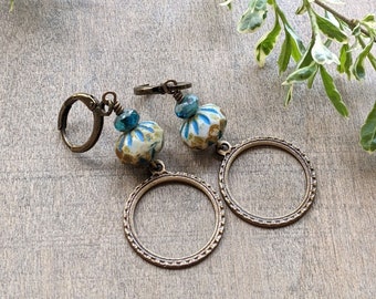 Bohemian Dangles Earrings beach jewelry sunny skies blue yellow glass beaded earrings bridesmaid jewelry dangle hoops fun summer jewelry