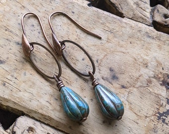 Teardrop dangle earrings earthy blue and copper beaded earrings unique jewelry beaded jewelry