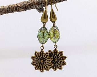 Daisy Earrings  Green Glass and Brass beaded earrings simple jewelry beaded jewelry flower earrings fall fashion nature lover