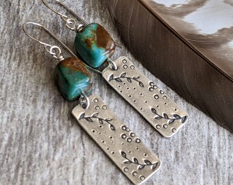 Hand stamped sterling silver jewelry turquoise earrings bohemian jewelry beaded jewelry floral jewelry southwestern style jewelry boho
