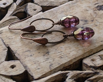 Copper earrings purple glass beaded earrings geometric earrings simple dangle earrings beaded jewelry 7th anniversary gift