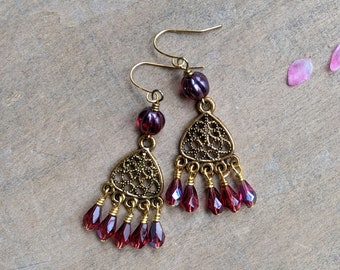 Chandelier Earrings red and gold statment earrings big bold jewelry old world style deep red beaded earrings