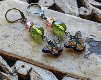Butterfly earrings polymer clay jewelry insect jewelry monarch butterfly earrings green and gold gift for nature lover