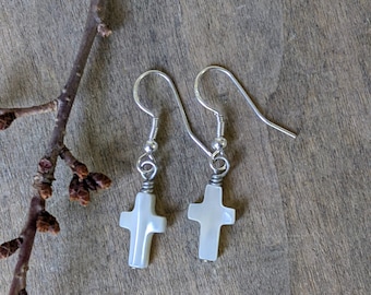 Cross earrings simple christian jewelry mother of pearl earrings bridal jewelry wedding jewelry bridesmaid earrings statement of faith