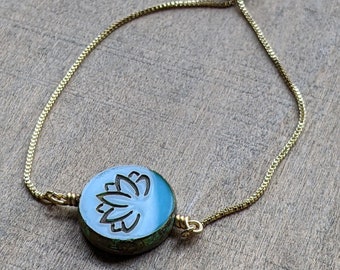 Lotus flower bracelet adjustable slider stacking bracelet delicate jewelry yoga jewelry blue beaded bracelet