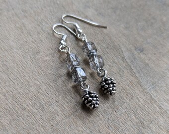 Pinecone earrings clear glass sparkly beaded earrings unique beaded jewelry pine cone gift for nature lover unique jewelry