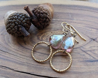Geometric dangle earrings pink glass and goldtone brass unique jewelry beaded earrings rose pink elegent wedding jewelry bridesmaid jewelry
