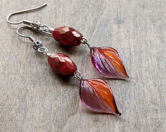 Leaf Earrings lampworked glass beaded earrings purple and burnt orange