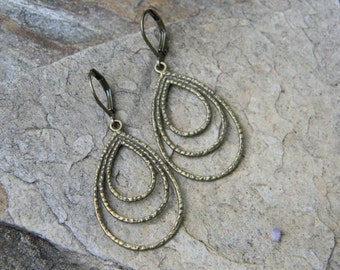 Brass tear drop dangle earrings triple brass hoop earrings simole jewelry gift for her teardrop hoop