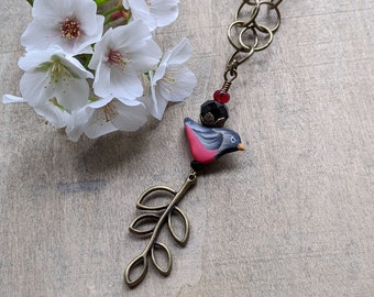 Bird Necklace Polymer Clay bird pendant bird on branch chain necklace gift for bird lover beaded jewelry