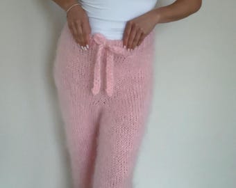Pantaloni in mohair, pantaloni in lana pelosa, pantaloni lavorati a mano, leggings in mohair peloso a pelo lungo, pantaloni invernali in lana calda lavorati a maglia, 100% fatti a mano