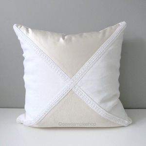 Cream & White Linen and Silk Pillow Cover, Victorian Boho Chic Cushions for French Country Inspired Rooms, Rustic Chateaucore Decor