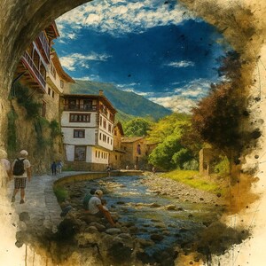 May include: A watercolour painting depicting a European village. The scene is framed by a stone arch, showing buildings with balconies, a river, and mountains under a blue sky. People are seen walking and sitting by the river.