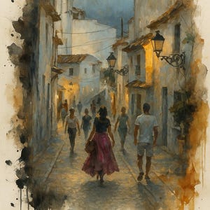 May include: Watercolor painting of a European street scene. People stroll down a cobblestone street lined with buildings. Street lamps illuminate the scene. The painting has a warm, inviting color palette with a focus on light and shadow.