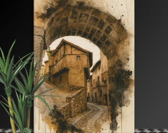 Albarracín Spain Canvas: Rustic Village Scene Wall Decor Textured Architectural of Sepia tones