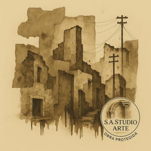 May include: Sepia-toned watercolor painting of a dilapidated urban landscape. The artwork depicts crumbling buildings, utility poles, and power lines. The image has a vintage aesthetic, with a circular logo in the bottom right corner that reads "S.A. STUDIO ARTE OBRA PROTEGIDA."